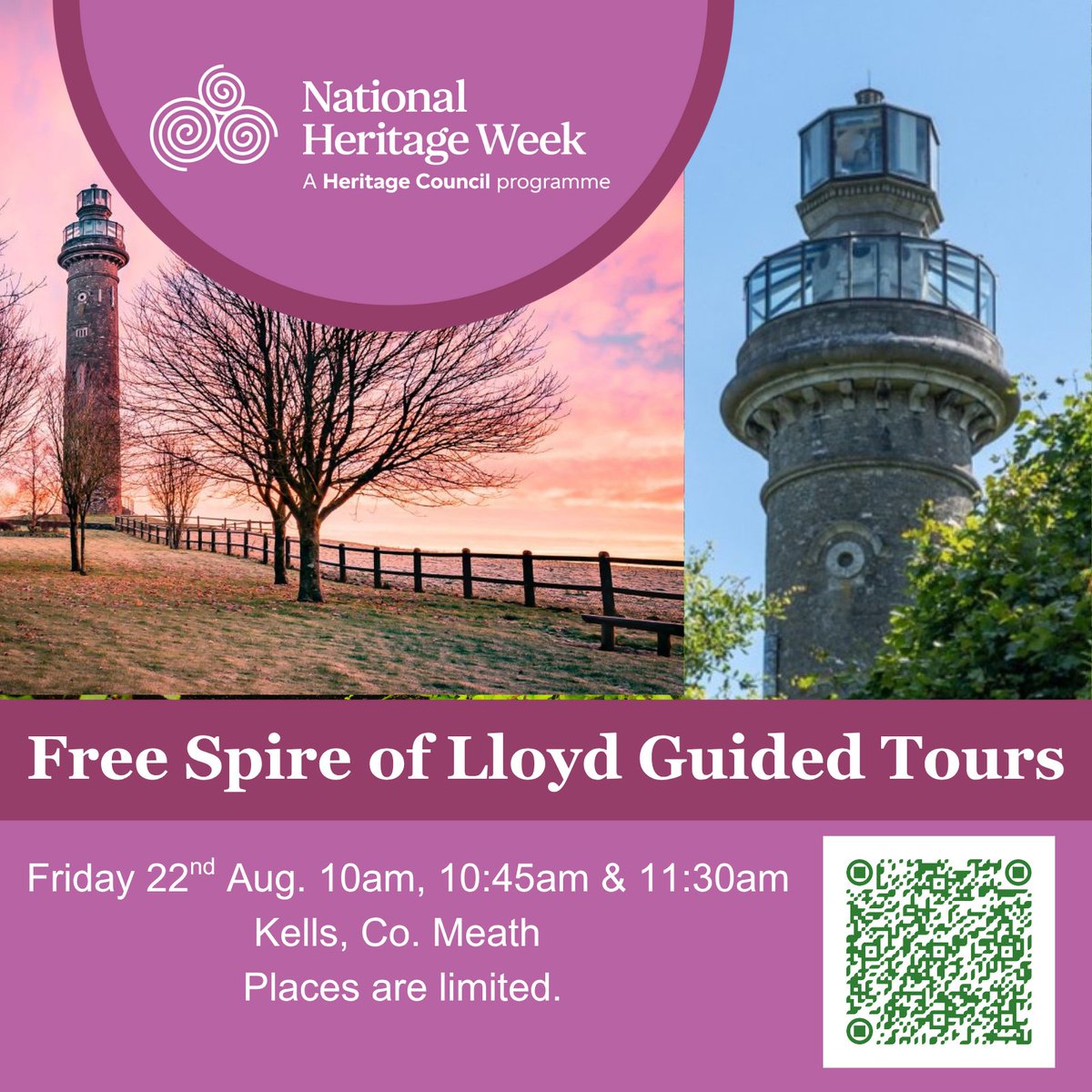 🌀 We are delighted to announce FREE guided tours of The Spire of Lloyd on the 22nd of August as part of Heritage Week 2025! 💚 

Online booking is essential for the 30 minute tour at 10:00am, 10.45am and 11.30am! 

Find out more and book your place here: bit.ly/40EHyST