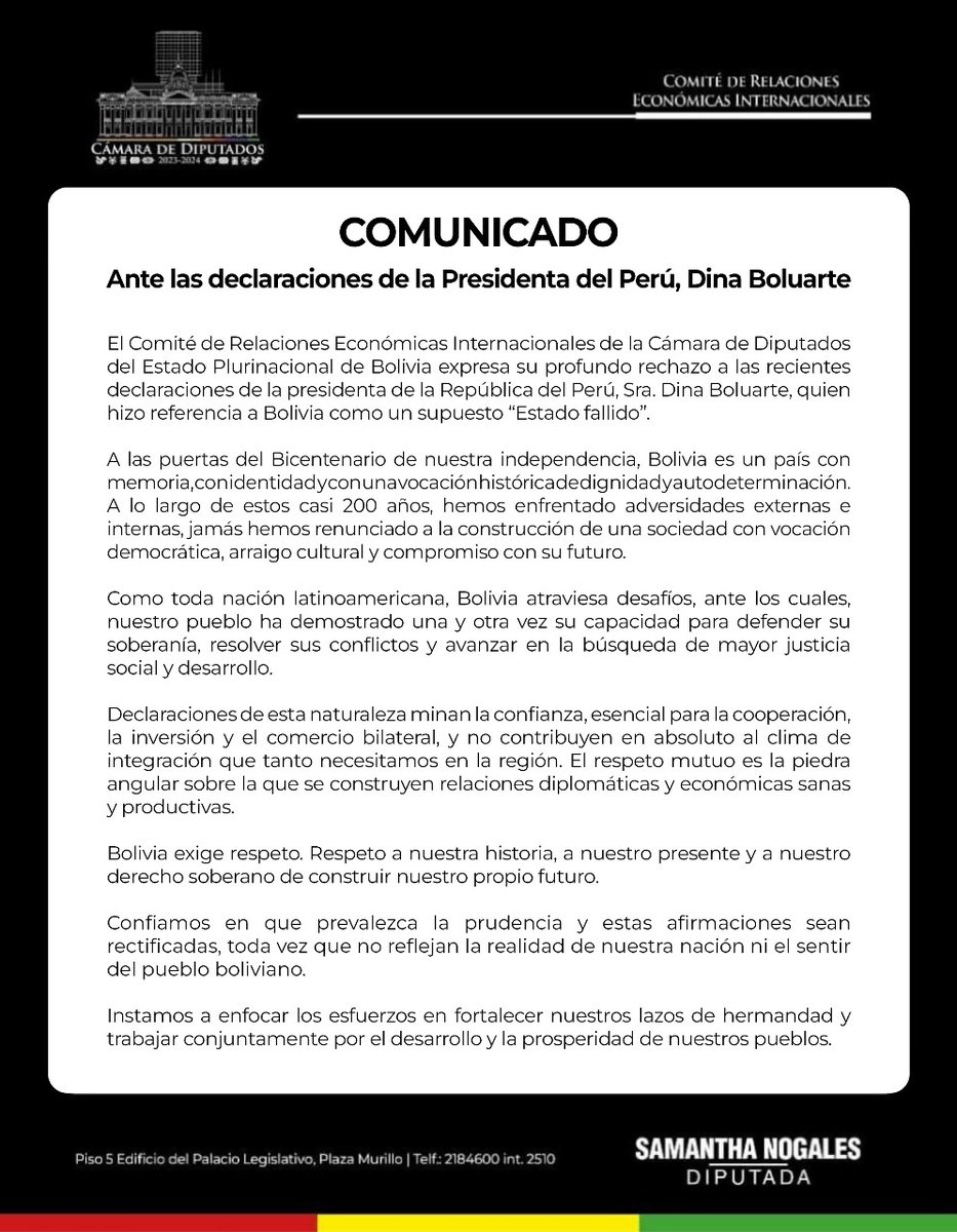 Más que un simple incidente diplomático, las palabras de la presidenta del Perú son una afrenta a la dignidad de todo un país. Calificar a Bolivia como 'Estado fallido', a las puertas de nuestro Bicentenario, es ignorar 200 años de lucha, resiliencia e historia.
