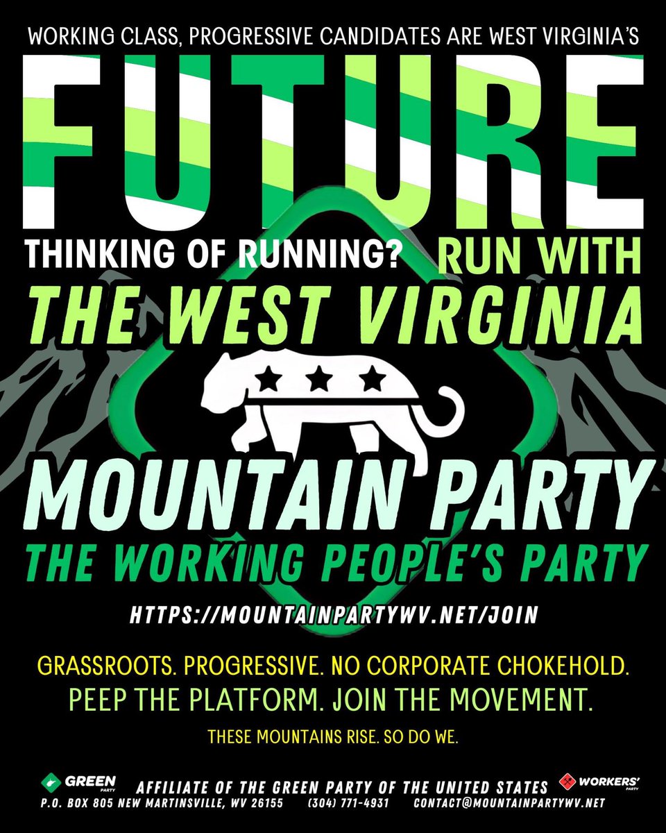Thinking of running for office? Consider running with West Virginia’s only progressive, no-corporate-cash party! Fill out this form now if you’re interested in helping to break the two-party trap in West Virginia: forms.gle/HxEUqZzWPhRPQD…