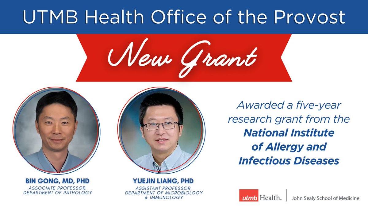 Terrific news! Dr. Bin Gong (Pathology) and Dr. Yuejin Liang (Microbiology &amp; Immunology) are co-PIs on a new five-year @niaidnews research grant: "Pre-clinical studies to repurpose FDA-approved adenosine A2A receptor antagonists for lethal rickettsial infection." Congrats!