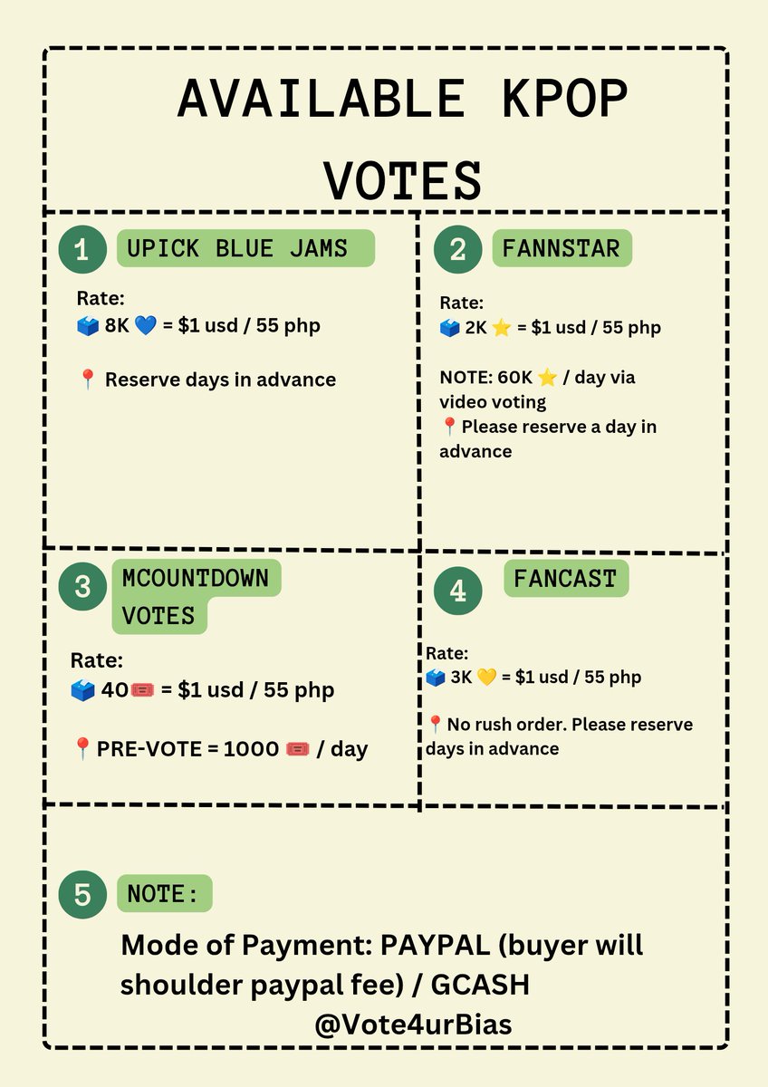 ‼️AVAILABLE KPOP VOTES ‼️

💌 For inquiries and reservation, PLEASE DM US.

wts / lfb / upick blue jams / bday poll / fannstar yellow stars  / mcountdown tickets / pre-vote / monthly pick / theme ranking / best music summer / the fact music awards / fancast / gold hearts / KGMA /