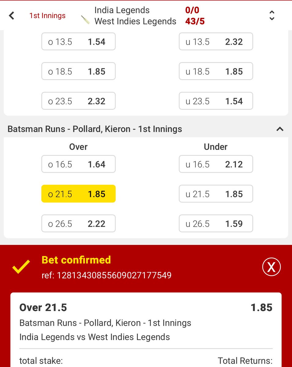 CricketKing_g's tweet image. K POLLARD (OVER 21.5) ✅
#WIvsIND CHAMPIONS