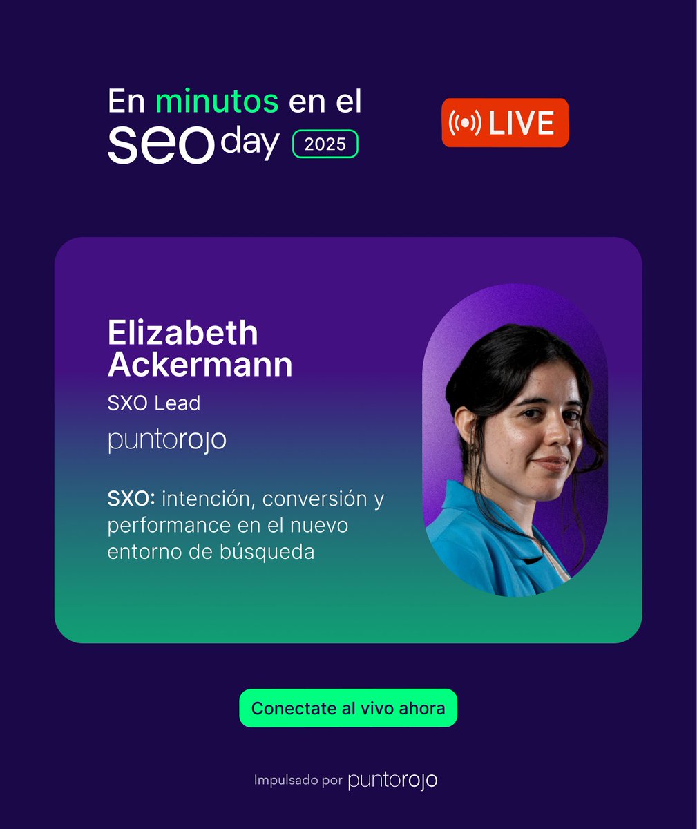 🚨 ¡No te pierdas la próxima charla del #SEOday!
 
Elizabeth Ackermann, #SXO Lead en Punto Rojo.

👉 Cómo conectar lo que busca el usuario con lo que convierte.

🚀 Sumate en este momento:
lnkd.in/dywivcKK