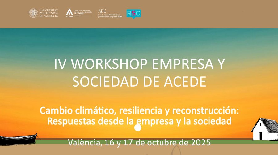 Máster RSC UPV (@masterrscupv) on Twitter photo ✔️IV Workshop Empresa y Sociedad de ACEDE🔜16 y 17 octubre
<a href="/UPV/">Universitat Politècnica de València</a> y ACEDE reunirán a un centenar de referentes internacionales para debatir sobre resiliencia, adaptación y recuperación ante crisis climáticas como la DANA de Valencia
Info e inscripciones:
🔛 rscmaster.webs.upv.es/upv-y-acede-wo… ✔️IV Workshop Empresa y Sociedad de ACEDE🔜16 y 17 octubre
<a href="/UPV/">Universitat Politècnica de València</a> y ACEDE reunirán a un centenar de referentes internacionales para debatir sobre resiliencia, adaptación y recuperación ante crisis climáticas como la DANA de Valencia
Info e inscripciones:
🔛 rscmaster.webs.upv.es/upv-y-acede-wo…