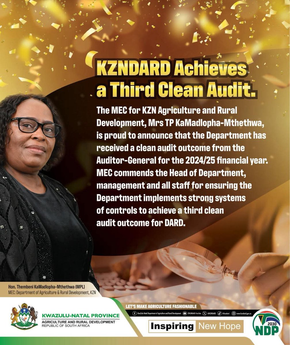 UMnyango wezoLimo  KwaZulu-Natali usuthole umphumela ongenagcobho okwesithathu. 

UMphathiswa wezoLimo  uNkk Thembeni kaMadlopha-Mthethwa  unentokozo ukwethula  emiphakathini umbiko ongenagcobho otholwe uMnyango, ovela kumcwaningi mabhuku kazwelonke enyakeni wezimali ka 2024/25.