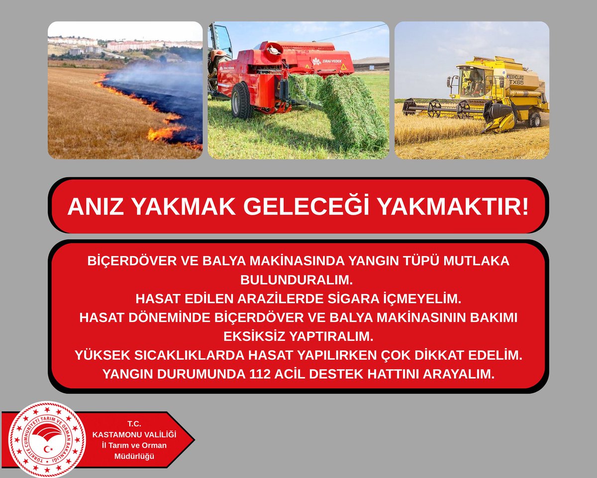 HASAT SEZONUNDA YANGIN RİSKİNE KARŞI TEDBİRİ ELDEN BIRAKMAYALIM

Hasat döneminde biçerdöver ve balya makinelerinde meydana gelebilecek yangınlar büyük kayıplara yol açabiliyor.