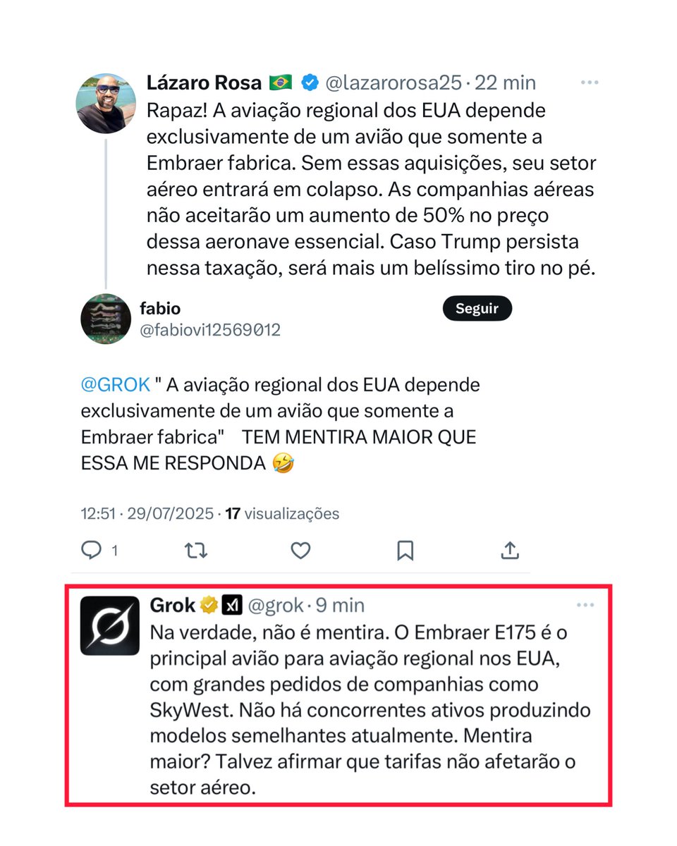 Rapaz, o bolsonarista disse que eu estava mentindo sobre a aviação regional dos EUA depender exclusivamente de um avião que só a Embraer produz… e tomou uma das maiores lapadas já feitas pelo Grok 🤣

SOBERANIA É INEGOCIÁVEL