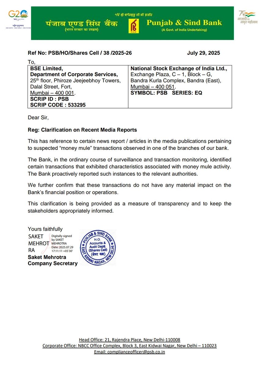 Bank clarified that suspicious activities in the said accounts were identified internally and promptly escalated to regulatory and investigative agencies. The bank’s alert internal mechanism ensured timely action and averted potential risks.