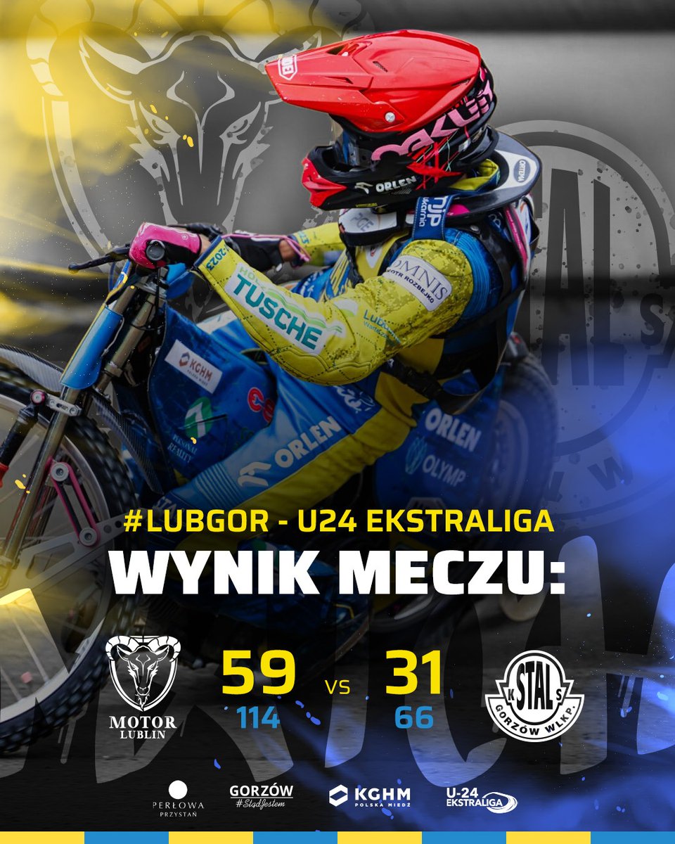 W Lublinie w #U24Ekstraliga wysokie zwycięstwo Motoru.

1. Hubert Jabłoński (1,2,1,1,1) 6
2. Mikołaj Krok (0,-,0,0,0) 0
3. Michael West (2,1,3,1,2) 9
4. Oskar Chatłas (d,0,-,0,0) 0
5. Adam Bednar (t,3,3,3,3) 12
6. Leon Szlegiel (1,1,0,2,w) 4
7. Dominik Baryłka (d,u,d) 0