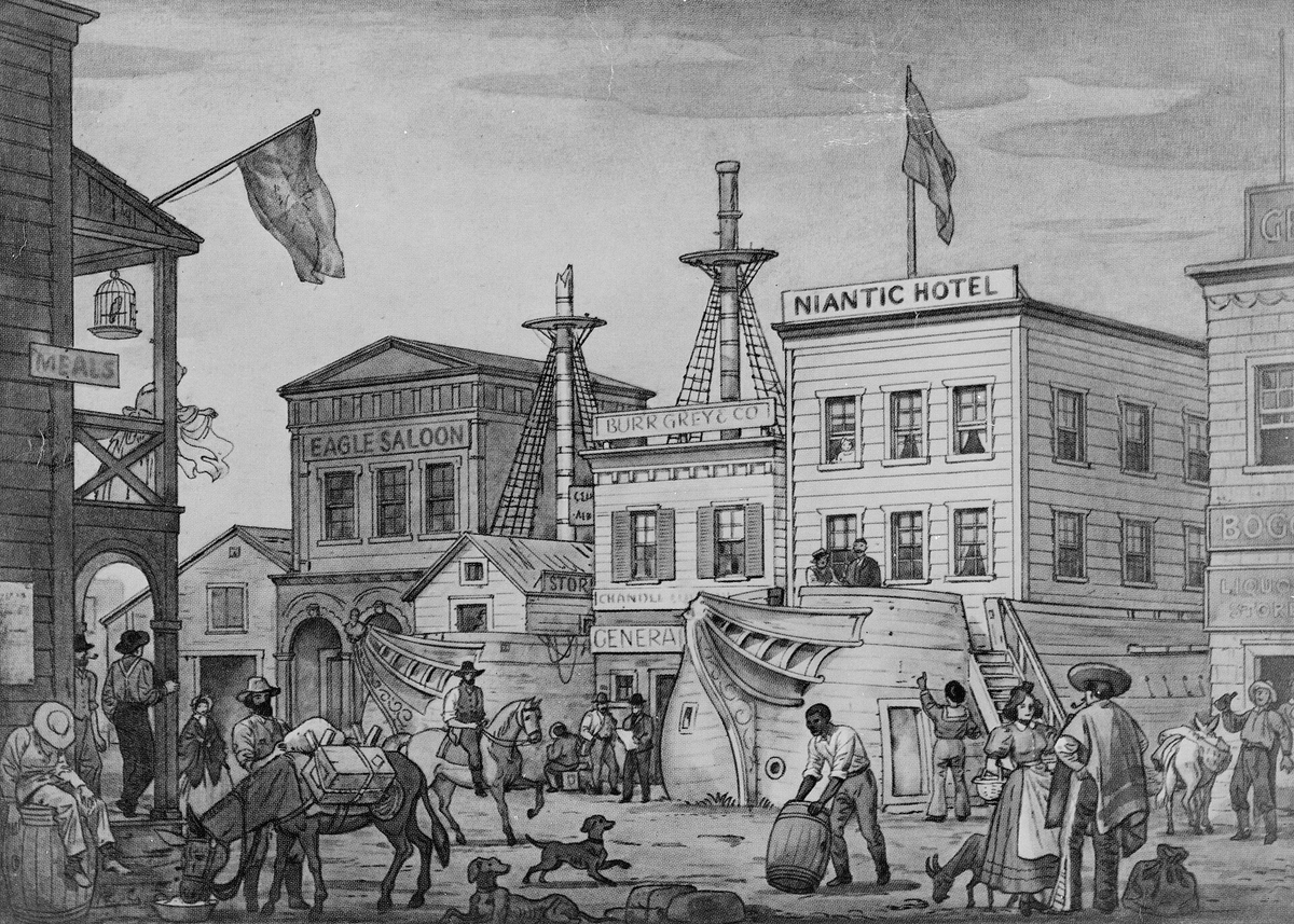 pitdesi's tweet photo. The Embarcadero & FiDi are built on top of ships that were abandoned in the 1849 gold rush - people were so eager to strike it rich that they abandoned their ships and headed for the hills... and the rubble was used to fill in the land. They are still finding ships buried there. 

In 1848, San Francisco was a dusty town of 800 people. Gold was discovered that year, but word spread slowly, until an enterprising man named Sam Brannan changed everything.

He bought up every pick, shovel, and pan he could find, then ran through the streets shouting, “Gold! Gold on the American River!”

He sold 20-cent pans for $15 (~$500 today) and became California’s first millionaire, without mining a single ounce of gold.

We owe him for the “picks and shovels” metaphor we use in startups today: in a gold rush, sell tools.

At the end of 1848, President Polk confirmed the discovery to Congress, and newspapers across the world picked up the story. This set off the gold rush. People came from the East Coast, Australia, China, and Europe, all in search of fortune.

By 1851, San Francisco had grown to 25,000 people. There were over 800 ships abandoned as people went to the hills as soon as they landed in search of their gold. They called it the “forest of masts.”

Folks who stayed behind made use of what was left behind- the ships. Many hulls became hotels, storeships, saloons, and even a jail. As the city filled in Yerba Buena Cove to create new land (you can see the original waterline in yellow in the map), these ships were buried beneath the streets of what’s now the Financial District.

Builders still uncover timbers, anchors, and gold rush artifacts during excavations. One of the most famous ships, the Niantic, was beached in 1849 and turned into a hotel and warehouse. Its remains are still buried at the corner of Clay and Sansome near the Transamerica Pyramid.

When the pyramid was being built, excavators uncovered more of the Niantic, along with an full intact case of Jacquesson & Fils champagne from 1849... now on display at the maritime museum. I think they should auction off one of the bottles. Jacquesson is still producing champagne today.

Fun fact: the company that created Pokemon Go is a Google spinoff called Niantic... named after the ship. Founder John Hanke was inspired by the idea that just like the Niantic is buried beneath the city, the world around us is full of hidden layers and stories-- if you know where to look. That became the company’s mission: build AR games that uncover layers in the real world.

The Old Ship Saloon (across from the Battery), was built on the hull of the Arkansas, which wrecked on the original shoreline. It opened in 1851 and is the oldest bar in the West.
Parts of the Muni go through ships too - the N, K, and T lines run through the hull of The Rome - it didn't make sense to move it when they built the muni line.

If you know other lore I should write about please share!