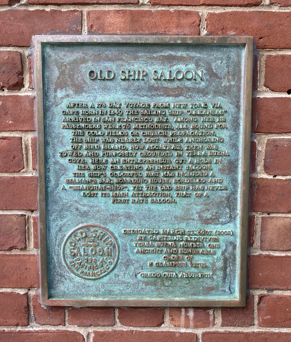 pitdesi's tweet photo. The Embarcadero & FiDi are built on top of ships that were abandoned in the 1849 gold rush - people were so eager to strike it rich that they abandoned their ships and headed for the hills... and the rubble was used to fill in the land. They are still finding ships buried there. 

In 1848, San Francisco was a dusty town of 800 people. Gold was discovered that year, but word spread slowly, until an enterprising man named Sam Brannan changed everything.

He bought up every pick, shovel, and pan he could find, then ran through the streets shouting, “Gold! Gold on the American River!”

He sold 20-cent pans for $15 (~$500 today) and became California’s first millionaire, without mining a single ounce of gold.

We owe him for the “picks and shovels” metaphor we use in startups today: in a gold rush, sell tools.

At the end of 1848, President Polk confirmed the discovery to Congress, and newspapers across the world picked up the story. This set off the gold rush. People came from the East Coast, Australia, China, and Europe, all in search of fortune.

By 1851, San Francisco had grown to 25,000 people. There were over 800 ships abandoned as people went to the hills as soon as they landed in search of their gold. They called it the “forest of masts.”

Folks who stayed behind made use of what was left behind- the ships. Many hulls became hotels, storeships, saloons, and even a jail. As the city filled in Yerba Buena Cove to create new land (you can see the original waterline in yellow in the map), these ships were buried beneath the streets of what’s now the Financial District.

Builders still uncover timbers, anchors, and gold rush artifacts during excavations. One of the most famous ships, the Niantic, was beached in 1849 and turned into a hotel and warehouse. Its remains are still buried at the corner of Clay and Sansome near the Transamerica Pyramid.

When the pyramid was being built, excavators uncovered more of the Niantic, along with an full intact case of Jacquesson & Fils champagne from 1849... now on display at the maritime museum. I think they should auction off one of the bottles. Jacquesson is still producing champagne today.

Fun fact: the company that created Pokemon Go is a Google spinoff called Niantic... named after the ship. Founder John Hanke was inspired by the idea that just like the Niantic is buried beneath the city, the world around us is full of hidden layers and stories-- if you know where to look. That became the company’s mission: build AR games that uncover layers in the real world.

The Old Ship Saloon (across from the Battery), was built on the hull of the Arkansas, which wrecked on the original shoreline. It opened in 1851 and is the oldest bar in the West.
Parts of the Muni go through ships too - the N, K, and T lines run through the hull of The Rome - it didn't make sense to move it when they built the muni line.

If you know other lore I should write about please share!