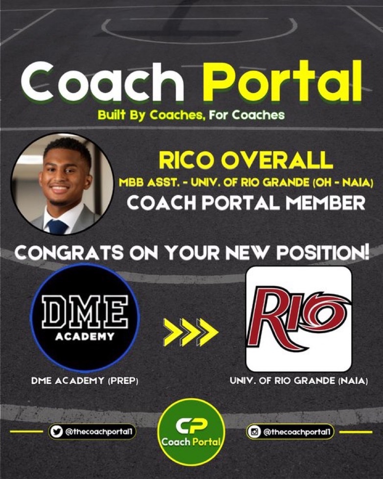 Coach Portal (@thecoachportal1) on Twitter photo 🟢🏀Congrats to Coach Portal Member, Rico Overall (<a href="/OverallRico/">Rico Overall</a> )on his new position as Men’s Basketball Asst. Coach at Univ. of Rio Grande in Ohio! We wish him nothing but the best! Good luck!
🔗Join coach-portal.com to enhance your coaching career!
#coachportal 🟢🏀Congrats to Coach Portal Member, Rico Overall (<a href="/OverallRico/">Rico Overall</a> )on his new position as Men’s Basketball Asst. Coach at Univ. of Rio Grande in Ohio! We wish him nothing but the best! Good luck!
🔗Join coach-portal.com to enhance your coaching career!
#coachportal