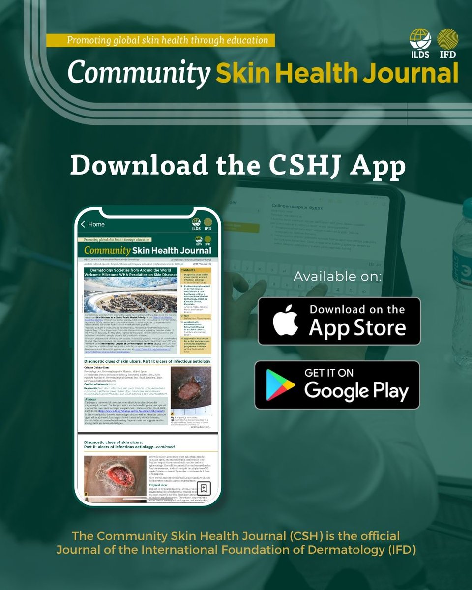 The latest Community Skin Health Journal (Vol. 21, Issue 1) is now live, covering the WHA Resolution on Skin Diseases, infectious causes of skin ulcers, rural dermatology in Karnataka, tattoo-related dermatophytosis &amp; a moxidectin pilot for onchocerciasis: bit.ly/CSHJ-Vol21-Iss…