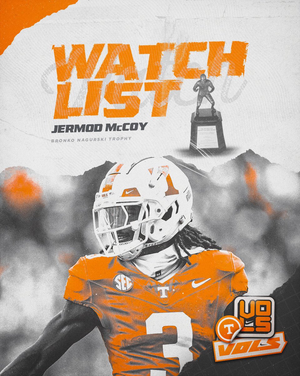 Tennessee Football (@vol_football) on Twitter photo ๐ <a href="/Jermodmccoy/">Jermod McCoy</a> has been named to the <a href="/NagurskiTrophy/">Nagurski Trophy</a> Watchlist.
๐ฐ ยป 1tn.co/46yGmEe
#GBO ๐ ๐ <a href="/Jermodmccoy/">Jermod McCoy</a> has been named to the <a href="/NagurskiTrophy/">Nagurski Trophy</a> Watchlist.
๐ฐ ยป 1tn.co/46yGmEe
#GBO ๐