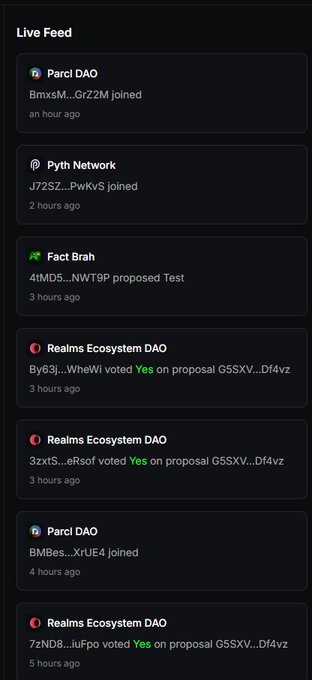 Screenshot of a live DAO activity feed showing new members and voting updates