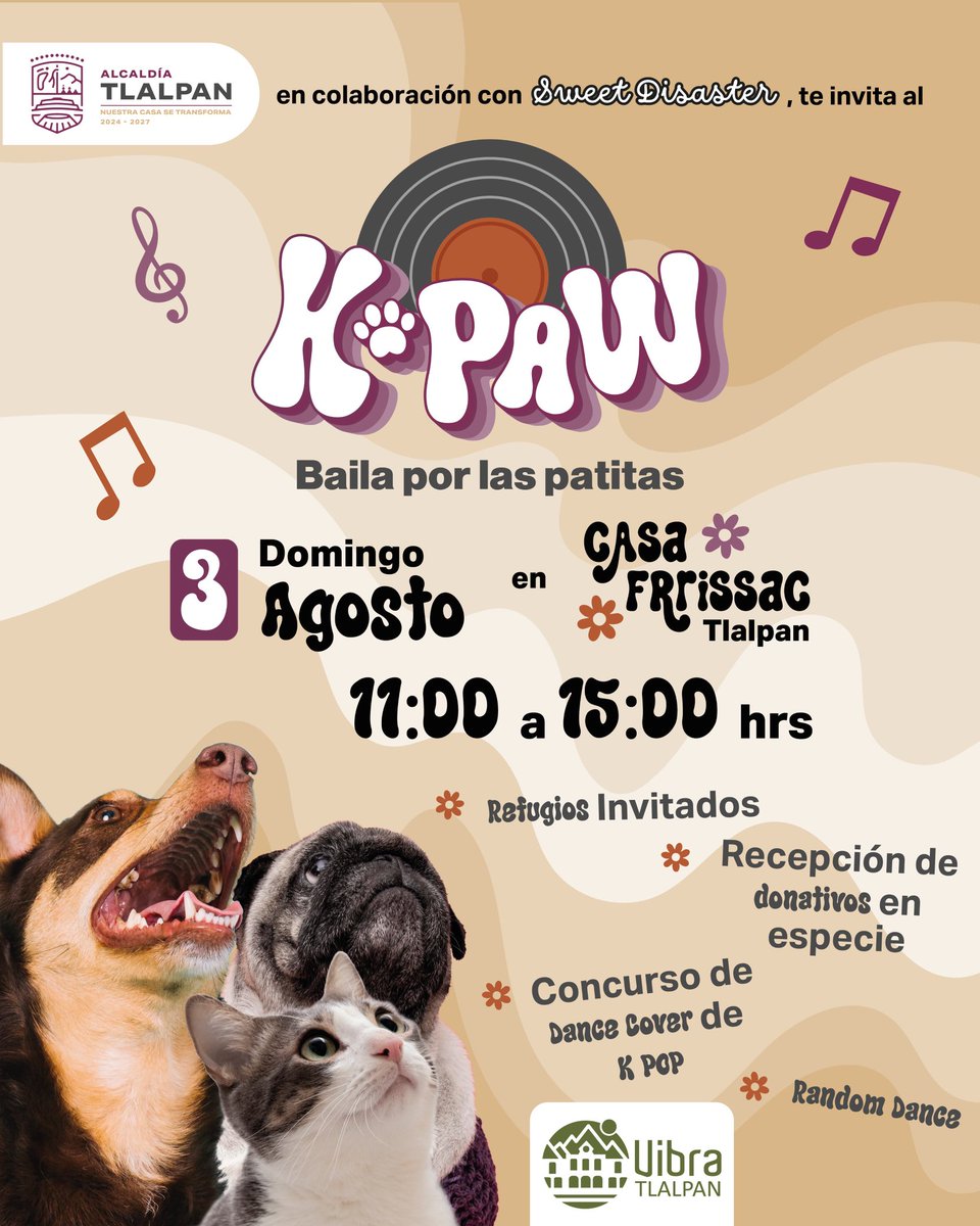 Baila por una buena causa este domingo en #LaAlcaldíaMásCultural 🐾🐶🐱
Llega K-PAW: Baila por las Patitas, un evento que une la pasión por el K-Pop con el amor por los animales.
Habrá concursos, random dance, refugios invitados y recepción de donativos en especie.

🗓️ 3 de