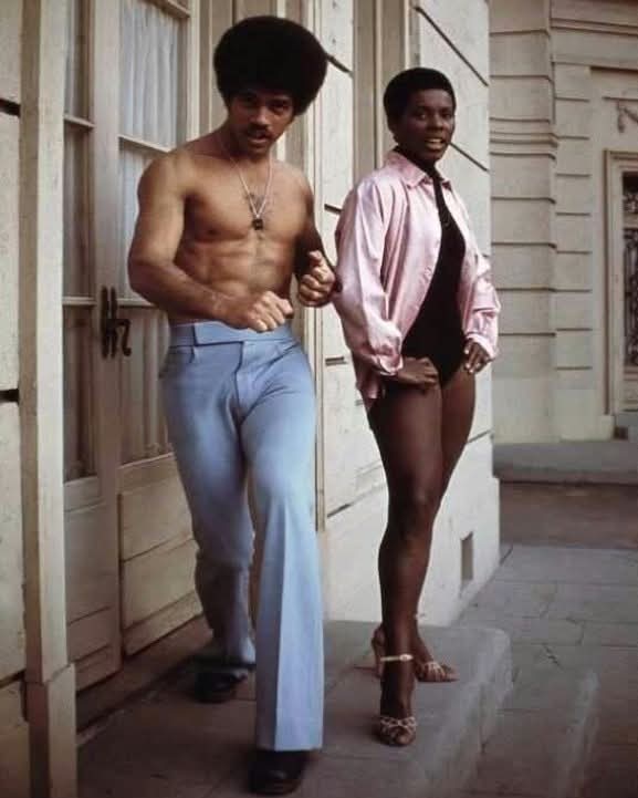 Vintage picture of Jim Kelly and his 
Love Interest Gloria Hendry in the movie Black Belt Jones. Solid Brother and Super Soul Sister. Gloria was also the co- star in the movie.