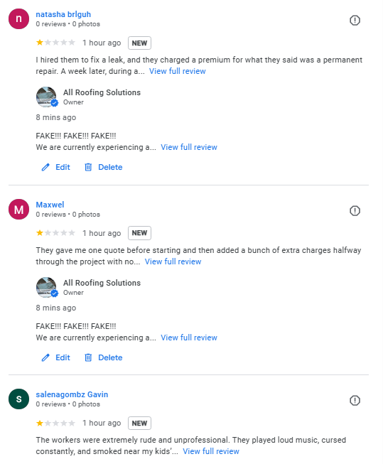 AllRoofingSol's tweet image. My business is being hit with coordinated fake 1-star reviews (starting 5 days ago).  I’ve reported them—no action taken so far. 
@Google @GoogleBusiness @GoogleSmallBiz
These violate your policies (fake engagement, harassment).  PLS HELP📍bit.ly/3GXF2R1 #GoogleSupport