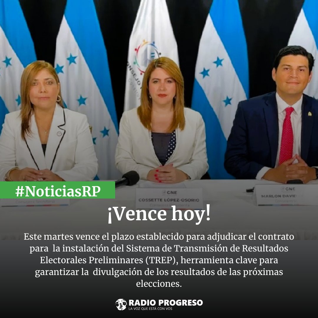 #NoticiasRP:  Este martes 29 de julio vence el plazo oficial para adjudicar el contrato del sistema de Transmisión de Resultados Electorales Preliminares (TREP), clave para garantizar la transparencia y credibilidad de los próximos comicios en Honduras.