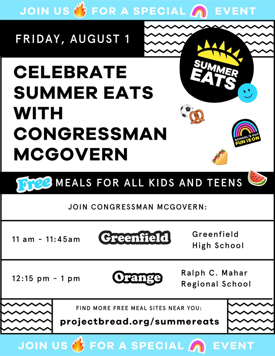 Project Bread (@projectbread) on Twitter photo The 11th annual Summer Food Rocks Tour is back! We're visiting Greenfield and Orange in central Massachusetts, championing Summer Eats, which ensures kids and teens have access to nutritious meals over the summer. Join us and <a href="/RepMcGovern/">Rep. Jim McGovern</a> in celebrating! #SummerEats The 11th annual Summer Food Rocks Tour is back! We're visiting Greenfield and Orange in central Massachusetts, championing Summer Eats, which ensures kids and teens have access to nutritious meals over the summer. Join us and <a href="/RepMcGovern/">Rep. Jim McGovern</a> in celebrating! #SummerEats