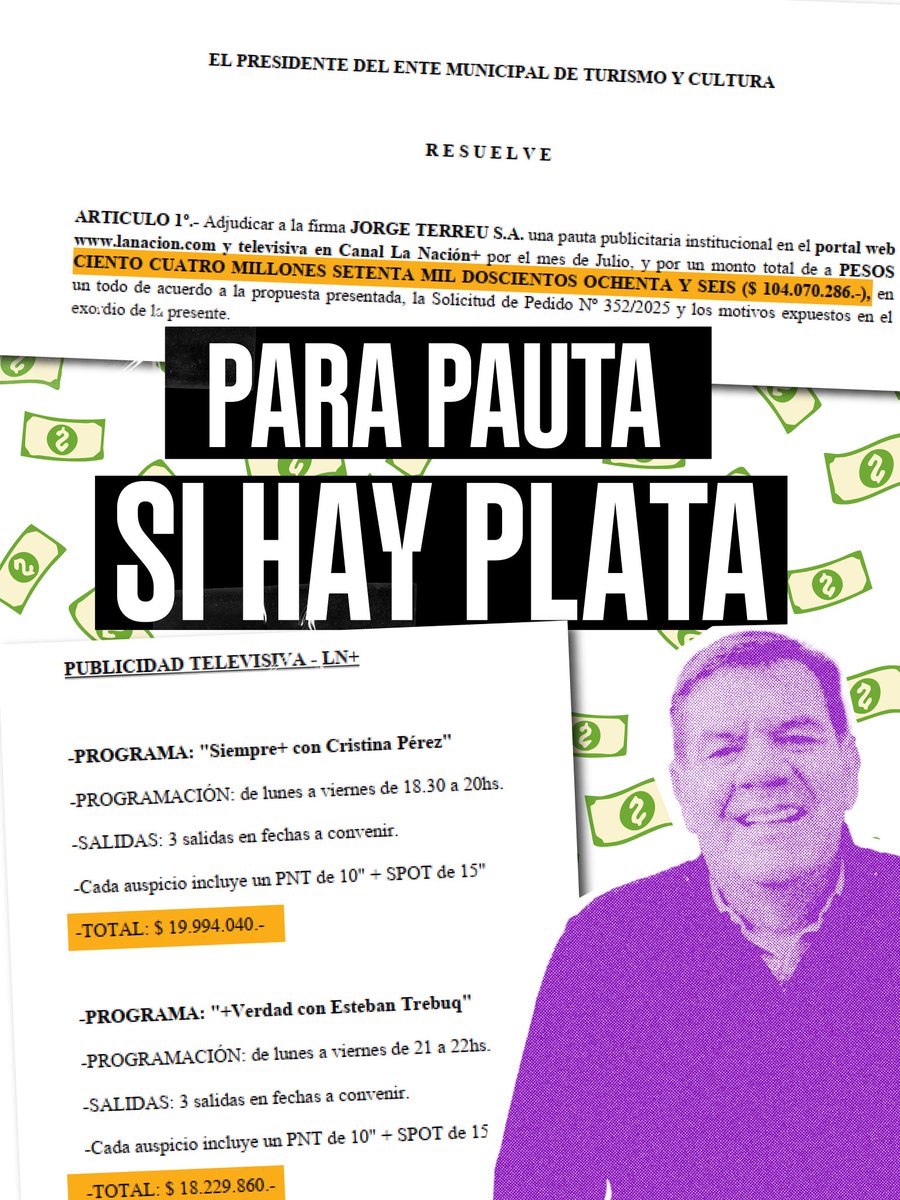 Diego Garcia (@diegoasgarcia) on Twitter photo Para pauta hay plata.
Tanto que hablan de periodistas ensobrados, para Cristina Pérez (<a href="/Cris_noticias/">Cristina Perez</a> ) $20.000.000, Esteban Trebuq (<a href="/trebuquero/">Esteban Trebucq</a>) otros 20 millones y para hacer campaña en los medios porteños: 100 millones de pesos (<a href="/lanacionmas/">La Nación Más</a> ). Para las salitas de salud y Para pauta hay plata.
Tanto que hablan de periodistas ensobrados, para Cristina Pérez (<a href="/Cris_noticias/">Cristina Perez</a> ) $20.000.000, Esteban Trebuq (<a href="/trebuquero/">Esteban Trebucq</a>) otros 20 millones y para hacer campaña en los medios porteños: 100 millones de pesos (<a href="/lanacionmas/">La Nación Más</a> ). Para las salitas de salud y
