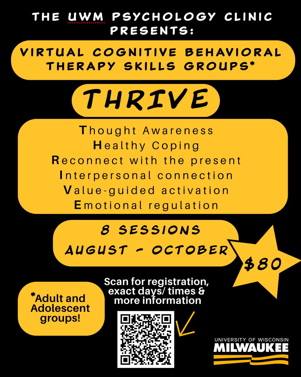 🧠 UWM Psychology Clinic is hosting two virtual CBT-based groups!
🔹 Learn skills to manage emotions, unhelpful thoughts, and more.
📞 Call 414-229-5521 to schedule a screening.
🔗 Learn more: [UWM Psychology Clinic website]
#MentalHealthMatters #CBT #Therapy #UWMThrive