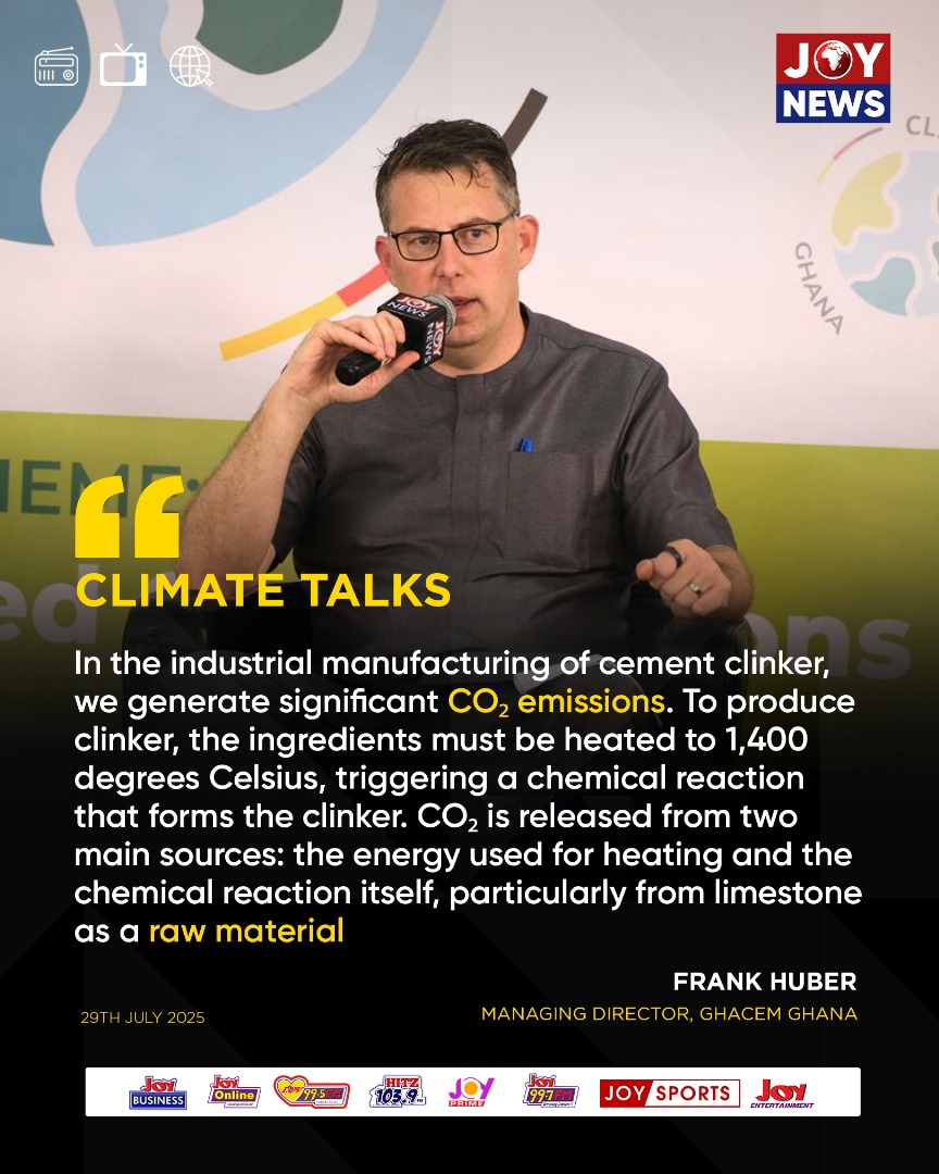 Joy997FM's tweet image. #ClimateTalks: In the industrial manufacturing of cement clinker, we generate significant CO₂ emissions. To produce clinker, the ingredients must be heated to 1,400 degrees Celsius, triggering a chemical reaction that forms the clinker - Frank Huber.

#JoyNews