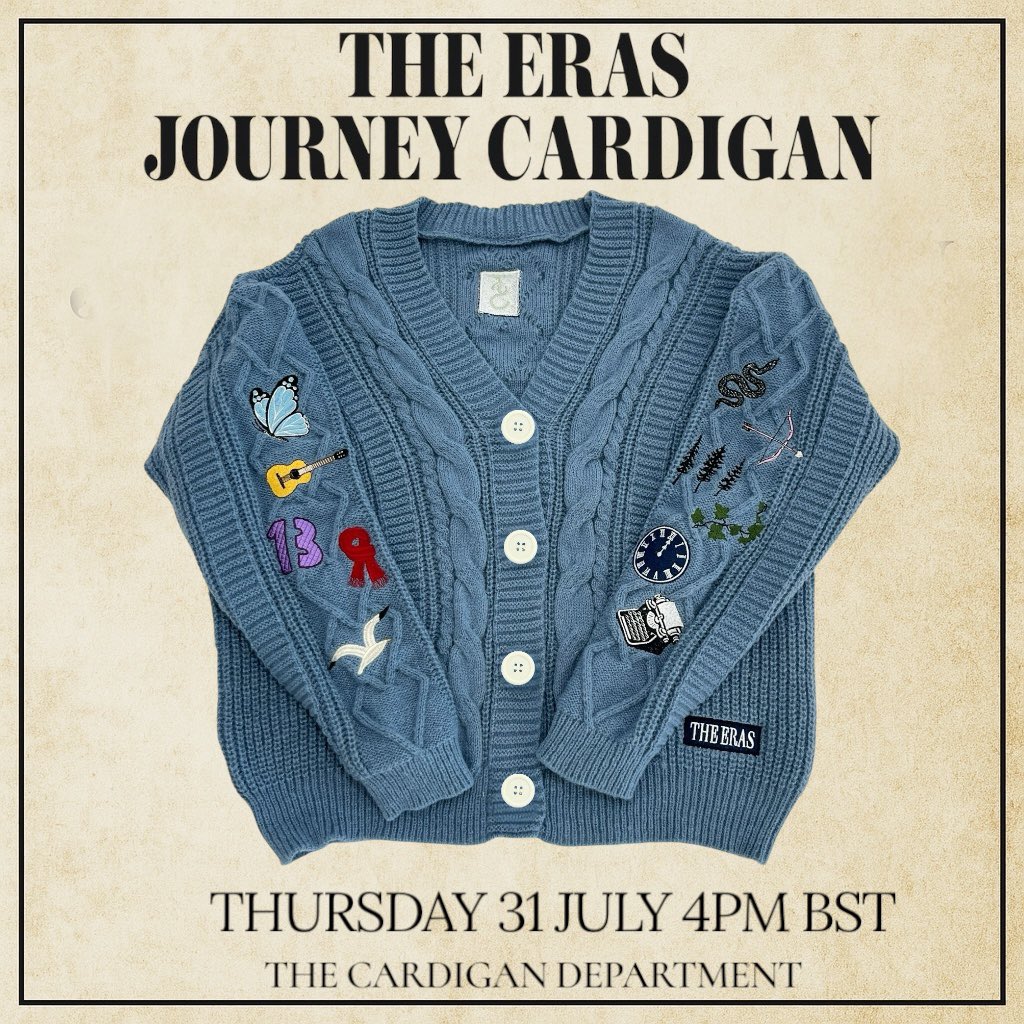 Introducing: The Eras Journey Cardigan 💙
She’s finally here — launching this Thursday, July 31 at 4PM UK for pre-order. All orders ship by Aug 8.

You voted, and blue won. Inspired by the iconic tour sweater, this cardigan celebrates the stories we’ve shared. 💫

Only at TCD 🫶🏻