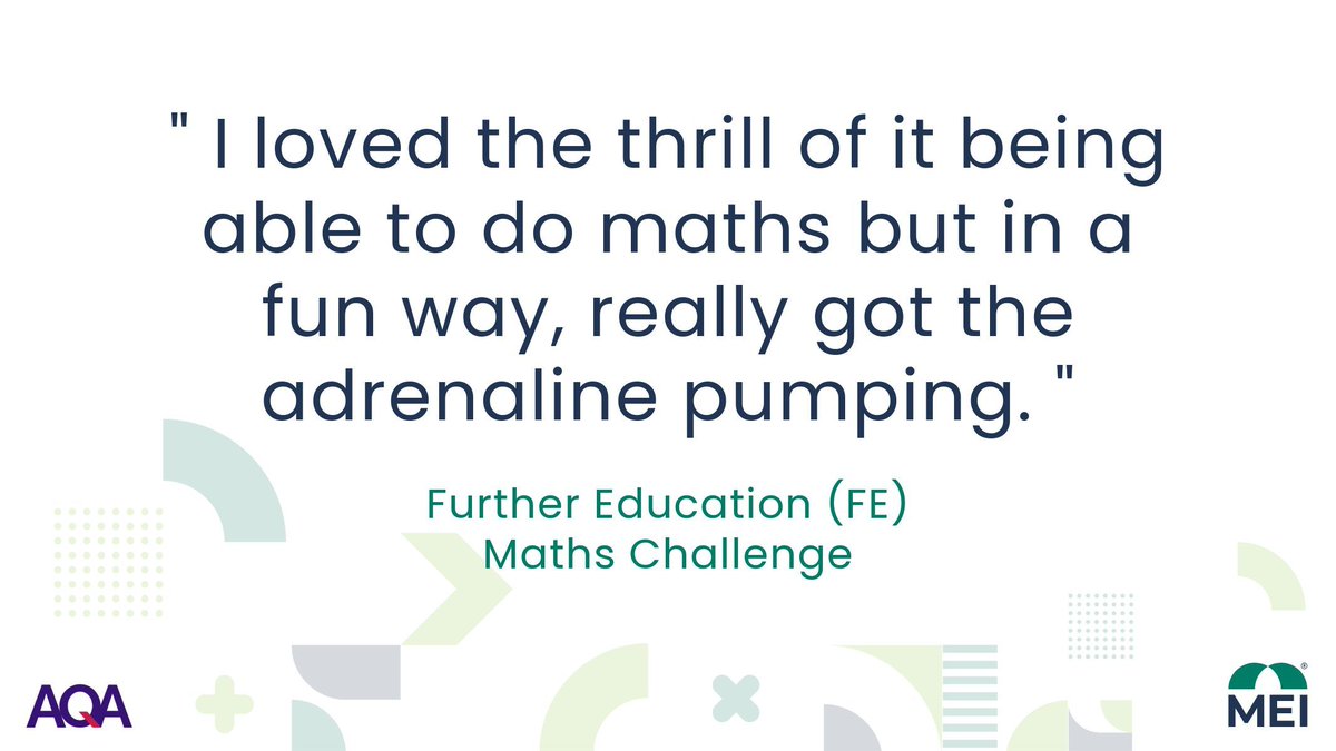 The Further Education (FE) Maths Challenge is perfect for students who need to improve their confidence in learning maths. Help bring maths to life for your students!  

Find out more: buff.ly/AxlRwtb 

#FEMathsChallenge2025 #MathsinFE