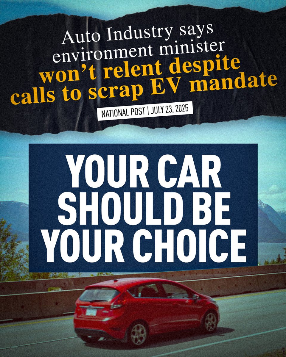 IT'S CONFIRMED!

Mark Carney WILL force car companies to make Zero Emission Vehicles 20% of their sales STARTING NEXT YEAR.

In 10 years, gas-powered vehicle sales WILL BE BANNED ALTOGETHER.

Have YOUR say at Conservative.ca/your-car-your-…

#cdnpoli
