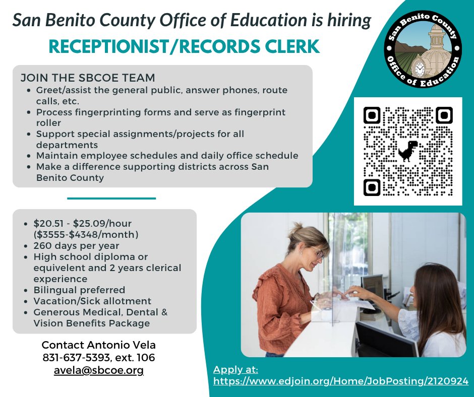 SBCOE95023's tweet photo. San Benito County Office of Education is hiring! Apply today for our Receptionist/Records Clerk position at https://t.co/C5lA0rzH7x and make a difference in San Benito County schools. This full time position comes with a generous benefits package. #sbcoeEducates https://t.co/6cgQsNlfUF