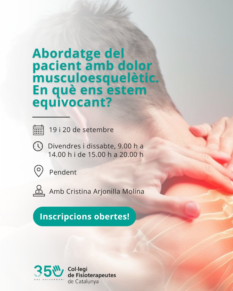 CFC (@colficat) on Twitter photo ✍ Fisioterapeuta, ja et pots inscriure als cursos del Col·legi de setembre (places limitades).
Tota la info i inscripcions aquí 👉bit.ly/formacio_CFC
#cfc #formació #fisioterapeutes ✍ Fisioterapeuta, ja et pots inscriure als cursos del Col·legi de setembre (places limitades).
Tota la info i inscripcions aquí 👉bit.ly/formacio_CFC
#cfc #formació #fisioterapeutes