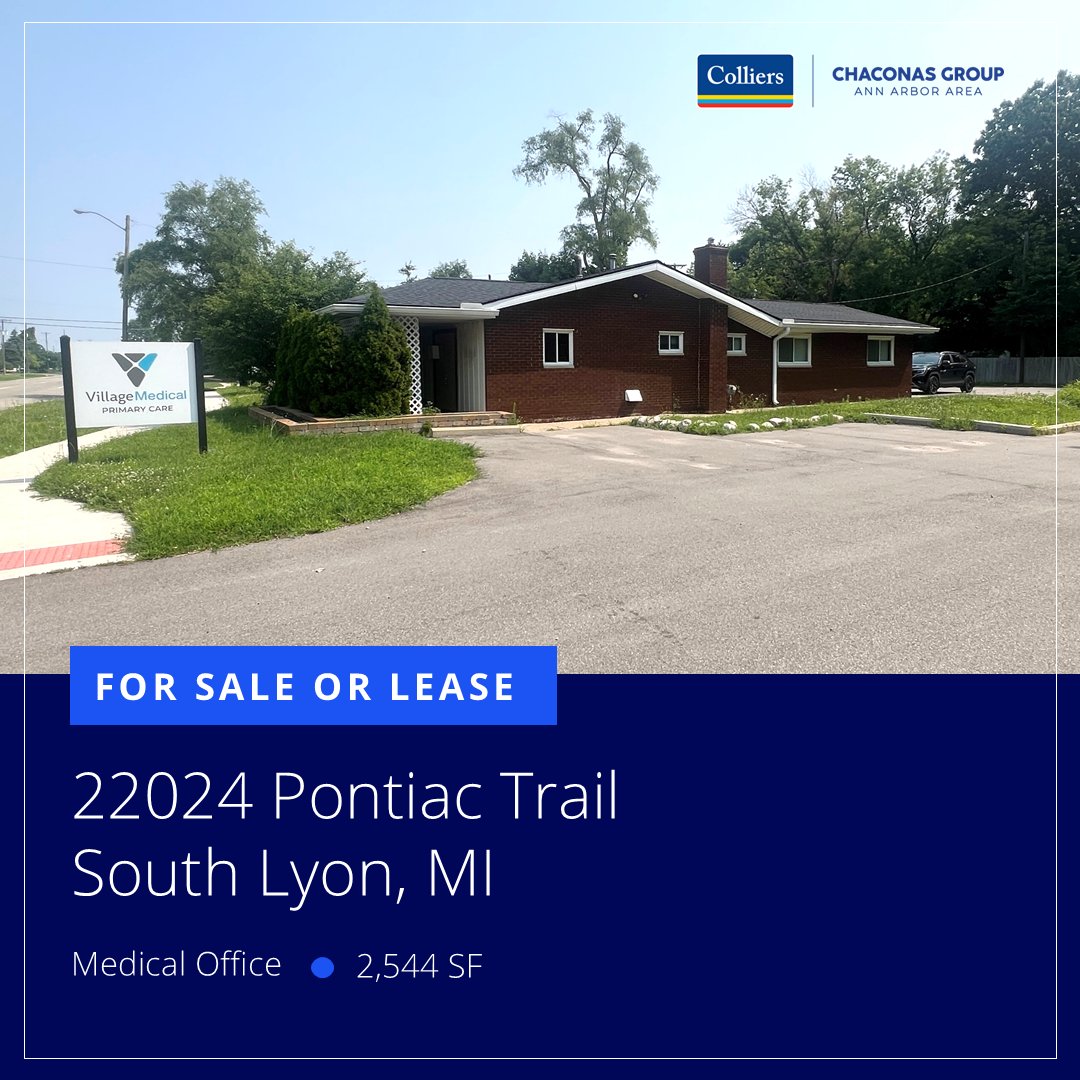 Now Available in South Lyon – Medical Office For Sale or Lease! High-traffic location with signage, 6 exam rooms + X-ray Room. Listing Details: bit.ly/SouthLyon_Medi…
Connect with one of our experts today at 734-994-3100!
#MedicalOffice #CRE #ForLease #ForSale #AvailableProperty