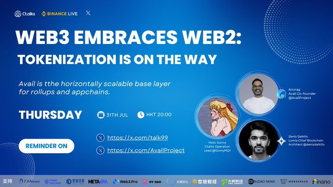 AMA with <a href="/AvailProject/">Avail</a>  &amp; <a href="/talk99/">Ctalks</a> 

Come join Lumia on Binance Square as we talk about tokenization, infra -&gt; adoption, and what it’ll take to onboard the next billion users.

Thur July 31 8AM EDT / 8PM HKT

Link below 👇
