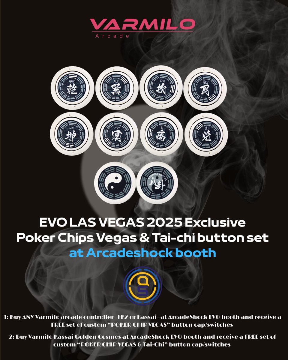 Varmilo Arcade (@varmiloarcade) on Twitter photo Attention fighters at <a href="/Evo/">Evo</a> Las Vegas! Come check out the <a href="/ArcadeShock/">ARCADESHOCK - EVO VEGAS 2025 AUG 1-3</a> booth for some exclusive event button sets!
♦️♠️Promo 1:
Buy ANY Varmilo Arcade controller – FK2 or Kassai – and get a FREE “Poker Chip Vegas” button set (includes cap + Cherry inductive switch)!
♣️☯️Promo Attention fighters at <a href="/Evo/">Evo</a> Las Vegas! Come check out the <a href="/ArcadeShock/">ARCADESHOCK - EVO VEGAS 2025 AUG 1-3</a> booth for some exclusive event button sets!
♦️♠️Promo 1:
Buy ANY Varmilo Arcade controller – FK2 or Kassai – and get a FREE “Poker Chip Vegas” button set (includes cap + Cherry inductive switch)!
♣️☯️Promo