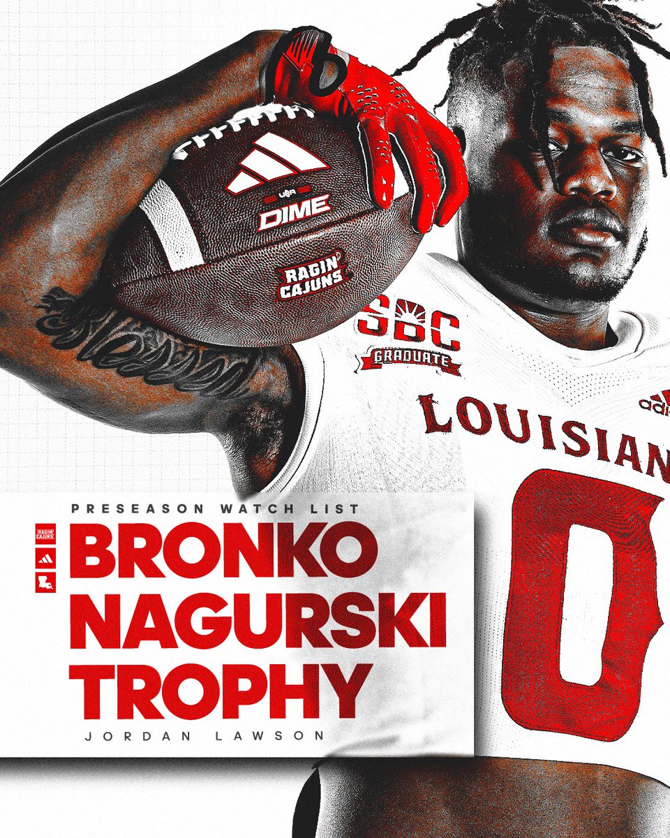𝗔𝗡𝗢𝗧𝗛𝗘𝗥 𝗛𝗢𝗡𝗢𝗥 𝗙𝗢𝗥 𝗝-𝗟𝗔𝗪 🏅

The Cajuns’ defensive standout has been named to the 𝗕𝗥𝗢𝗡𝗞𝗢 𝗡𝗔𝗚𝗨𝗥𝗦𝗞𝗜 𝗧𝗥𝗢𝗣𝗬 𝗪𝗔𝗧𝗖𝗛 𝗟𝗜𝗦𝗧, recognizing the nation’s top defensive player.

🔗 ragncaj.co/lwr

#cULture | #GeauxCajuns