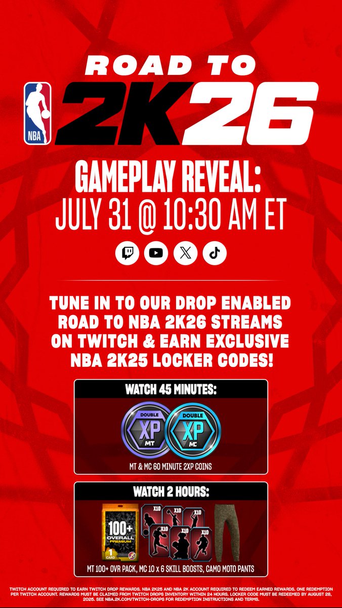 Let’s go <a href="/NBA2K/">NBA 2K</a> GAMEPLAY REVEAL:
JULY 31 @ 10:30 AM ET
TUNE IN TO OUR DROP ENABLED ROAD TO NBA 2K26 STREAMS ON TWITCH &amp; EARN EXCLUSIVE NBA 2K25 LOCKER CODES!