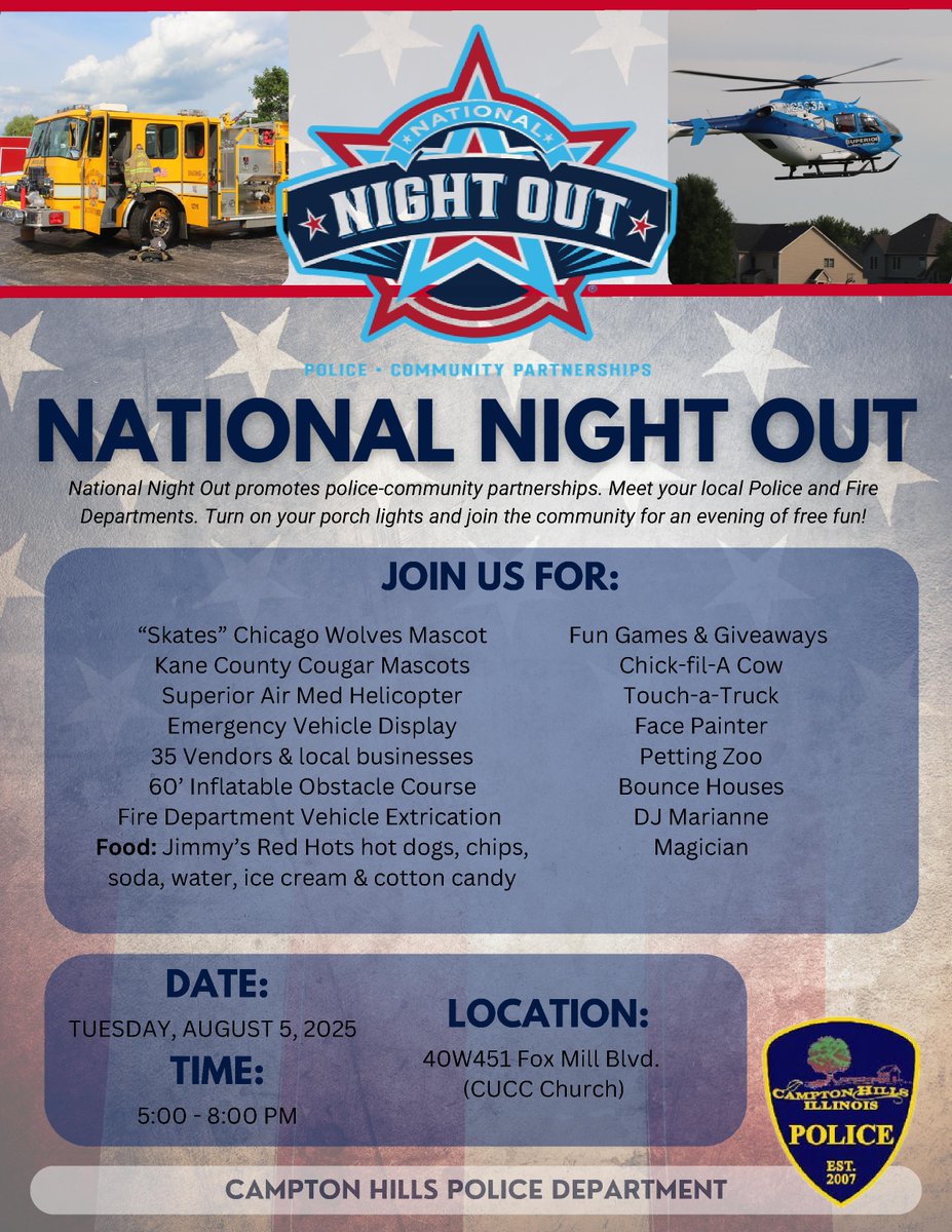 KTJLaw's tweet photo. KTJ is delighted to sponsor Campton Hills Annual National Night Out. Come and join the community for some fun at one of the largest events held in the County! https://t.co/gw4vt6Drfs