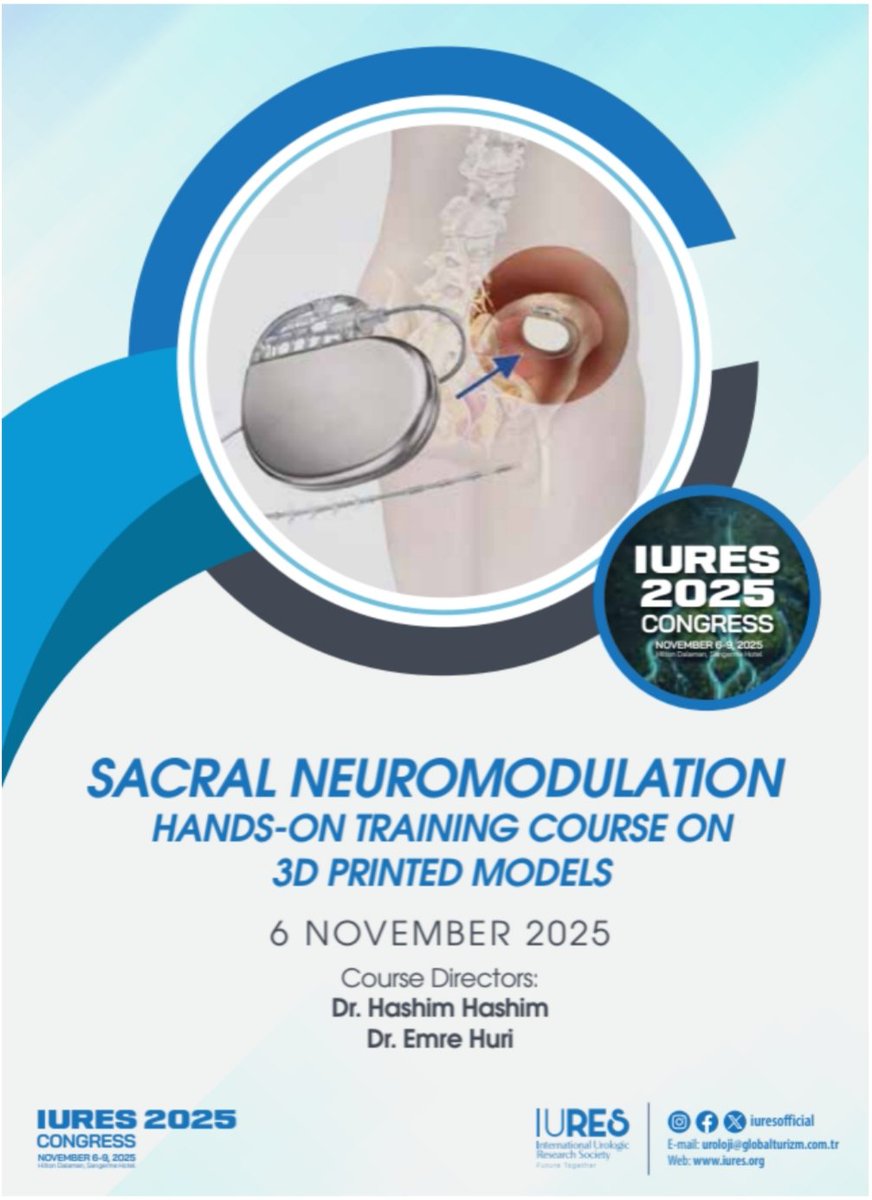 IURES 2025 Kongresi l 6-9 Kasım 2025, Hilton Dalaman Sarıgerme Hotel
Sakral Nöromodülasyom Uygulamalı Eğitim Kurdu
Teknolojisiyle Üretilmiş Modeller Üzerinde 
IURES 2025 Congress l November 6-9, 2025
Sacral Neuromodulation Hands-on Training Course on 3D Printed Models