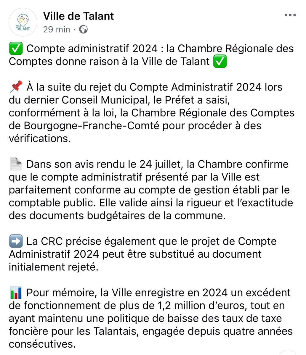 ✅ Compte administratif 2024 : la Chambre Régionale des Comptes donne raison à la Ville de Talant ✅