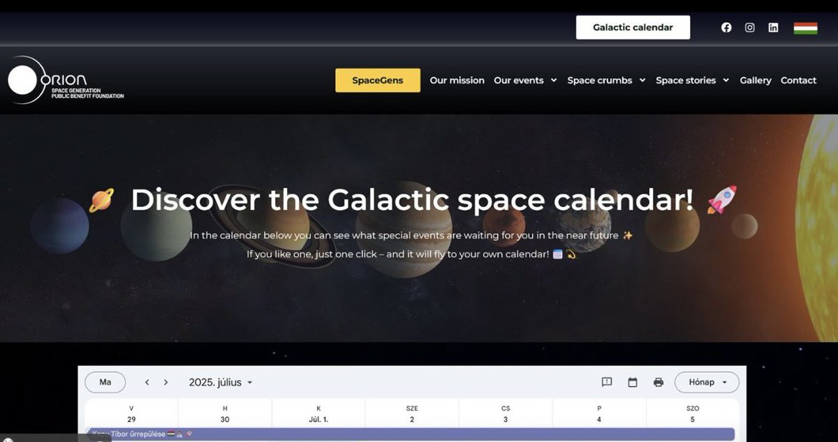🚀 We’ve launched our Galactic Space Calendar! 🌍

 📅 spacegens.com/calendar

Looking for exciting space-related events in Hungary and beyond? 

Conferences, public lectures, kids’ workshops, STEAM festivals — we’re collecting them all in one place.

The calendar is far from