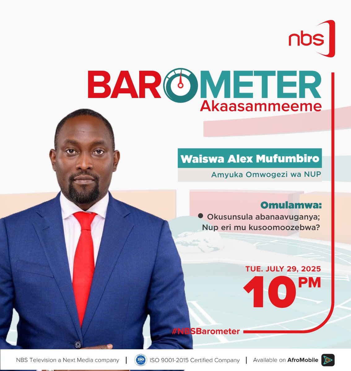 Kabenge Yusuf (@kabengejose) on Twitter photo NUP’s Candidate Selection Process Under Scrutiny: What is at stake?
<a href="/AMufumbiro/">Alex Waiswa Mufumbiro</a>
joins the panelists tonight on #NBSBarometer to discuss this and more. NUP’s Candidate Selection Process Under Scrutiny: What is at stake?
<a href="/AMufumbiro/">Alex Waiswa Mufumbiro</a>
joins the panelists tonight on #NBSBarometer to discuss this and more.