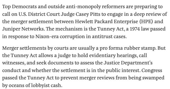 Nancy Scola (@nancyscola) on Twitter photo This whole situation concerning the DOJ antitrust division is getting quite charged.
Advocates are now leaning on a judge to review the Hewlett Packard Enterprise merger for evidence of political corruption under the Tunney Act.
Here's <a href="/ddayen/">David Dayen</a> in <a href="/TheProspect/">The American Prospect</a>: This whole situation concerning the DOJ antitrust division is getting quite charged.
Advocates are now leaning on a judge to review the Hewlett Packard Enterprise merger for evidence of political corruption under the Tunney Act.
Here's <a href="/ddayen/">David Dayen</a> in <a href="/TheProspect/">The American Prospect</a>: