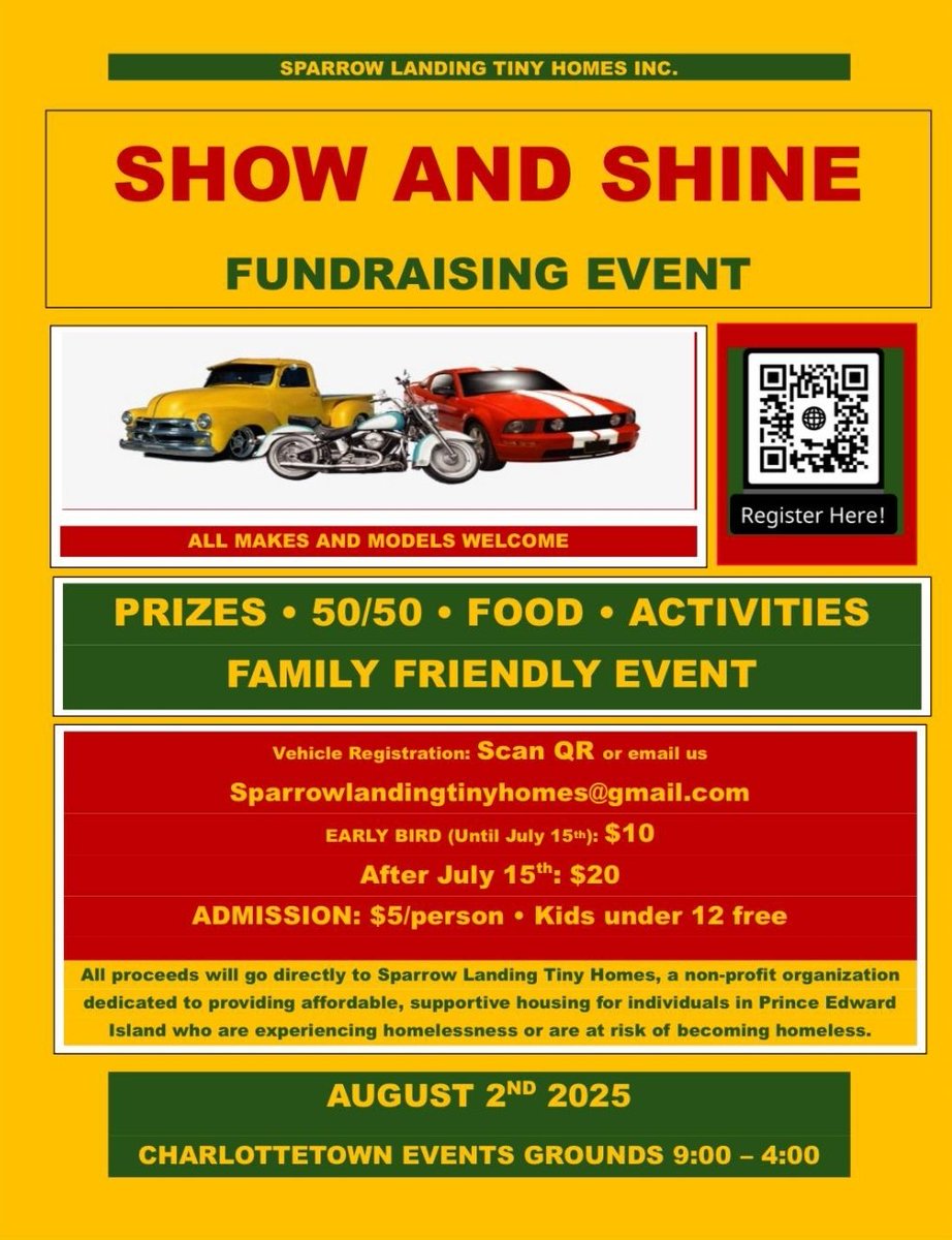 Come out &amp; support the Show and Shine presented by Sparrow Landing on Aug. 2nd!
All proceeds will go toward Sparrow Landing Tiny Homes, a local non-profit working to provide affordable, supportive housing for individuals in PEI who are experiencing or at risk of homelessness.#PEI
