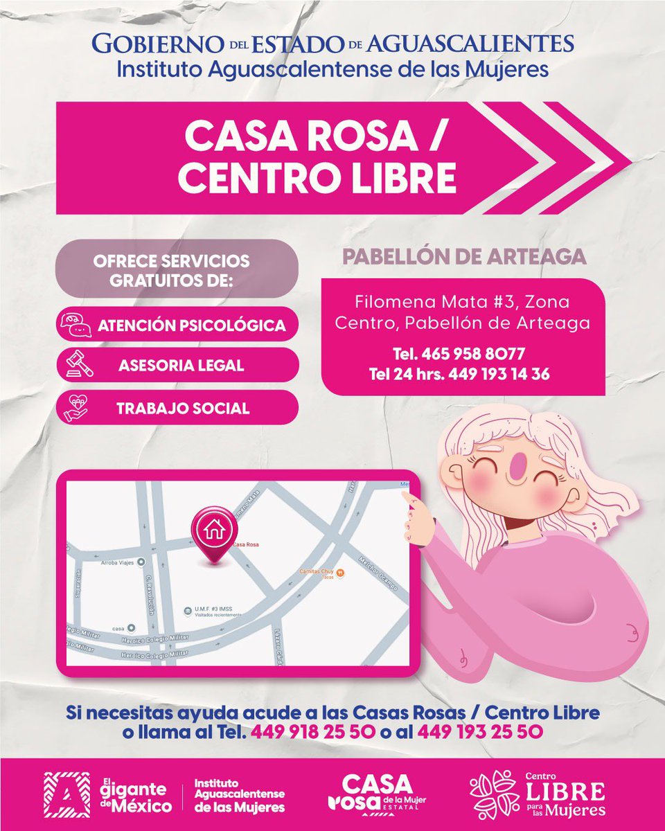 En Aguascalientes, las mujeres cuentan con espacios seguros, gratuitos y especializados para su atención integral.
Las Casas Rosas / Centros Libre, brindan servicios de atención psicológica, jurídica y de trabajo social
¡Conócelos y acércate!
#ElGiganteDeMéxico
#TeQuieroSegura