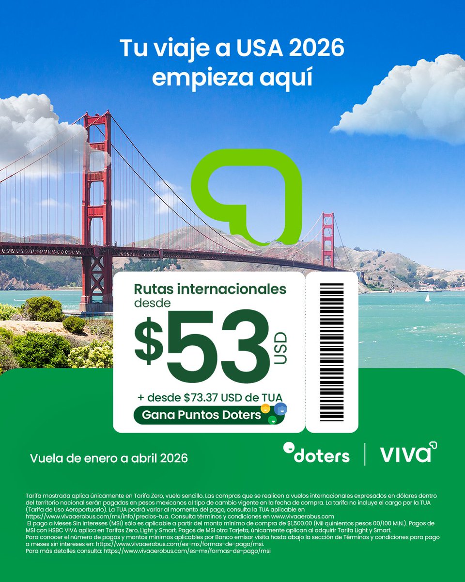 ¡Gánale al tiempo y reserva tu vuelo a USA! 🇺🇸✈️✨ Viaja entre enero y abril 2026 desde $53 USD + desde $73.37 USD de TUA. Entre más vuelas, más Puntos Doters acumulas. 😎💚🧳 ¡Reserva ya! 👉 tinyurl.com/2h5k7774