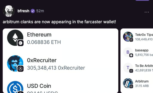 Farcaster 钱包截图，展示包括 Ethereum、0xRecruiter 和 USD Coin 余额的 Arbitrum clanks