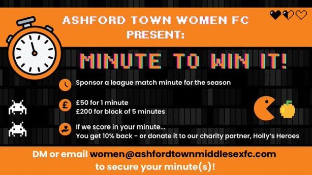 Ashford Town Women (@ashfordtownwfc) on Twitter photo โฑ๏ธ ๐ ๐ถ๐ป๐๐๐ฒ ๐๐ผ ๐ช๐ถ๐ป ๐๐!โฑ๏ธ
Inspired by the @lionesses? Want to back your local womenโs team?
Support us with a chance of getting your money back with every league goal we score in 2025/26! A whole new way to cheer on the Tangerines ๐งก
โฑ๏ธ Pick a minute between 1-90
๐๏ธ โฑ๏ธ ๐ ๐ถ๐ป๐๐๐ฒ ๐๐ผ ๐ช๐ถ๐ป ๐๐!โฑ๏ธ
Inspired by the @lionesses? Want to back your local womenโs team?
Support us with a chance of getting your money back with every league goal we score in 2025/26! A whole new way to cheer on the Tangerines ๐งก
โฑ๏ธ Pick a minute between 1-90
๐๏ธ