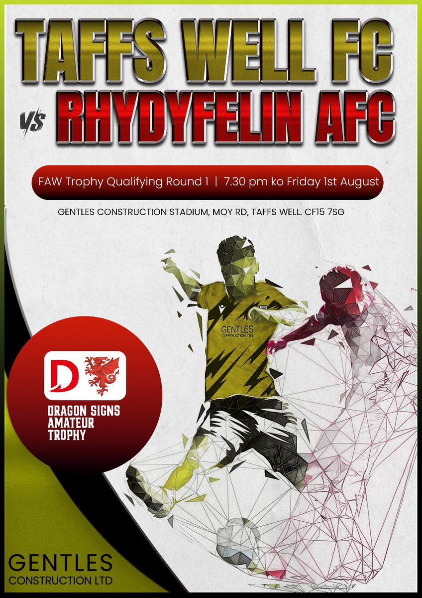 Taffs Well FC (@taffswellfc) on Twitter photo Friday Night Football, its derby day at the Gentles Construction Stadium
We welcome <a href="/RhydAFC/">Rhydyfelin AFC</a> in the FAW Trophy
7.30 ko
Adults £5
Concessions £3
U16's free
CF15 7SG Friday Night Football, its derby day at the Gentles Construction Stadium
We welcome <a href="/RhydAFC/">Rhydyfelin AFC</a> in the FAW Trophy
7.30 ko
Adults £5
Concessions £3
U16's free
CF15 7SG