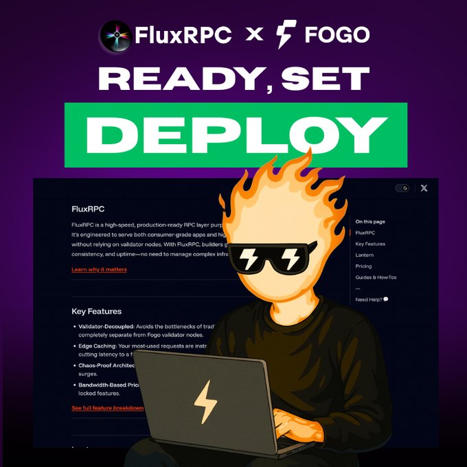 FluxRPC and Fogo Chain Testnet Launch with a fiery character using a laptop